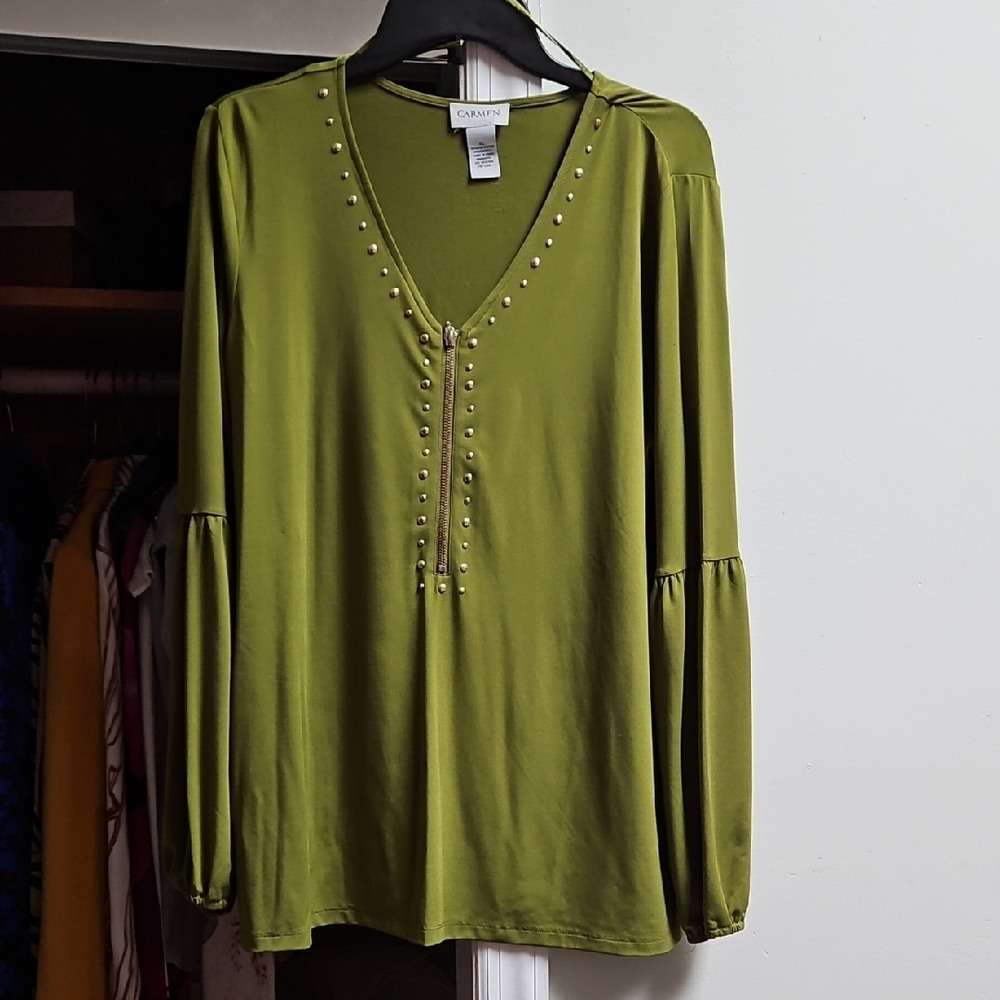 Elegant Olive V-Neck Blouse with Stud Details